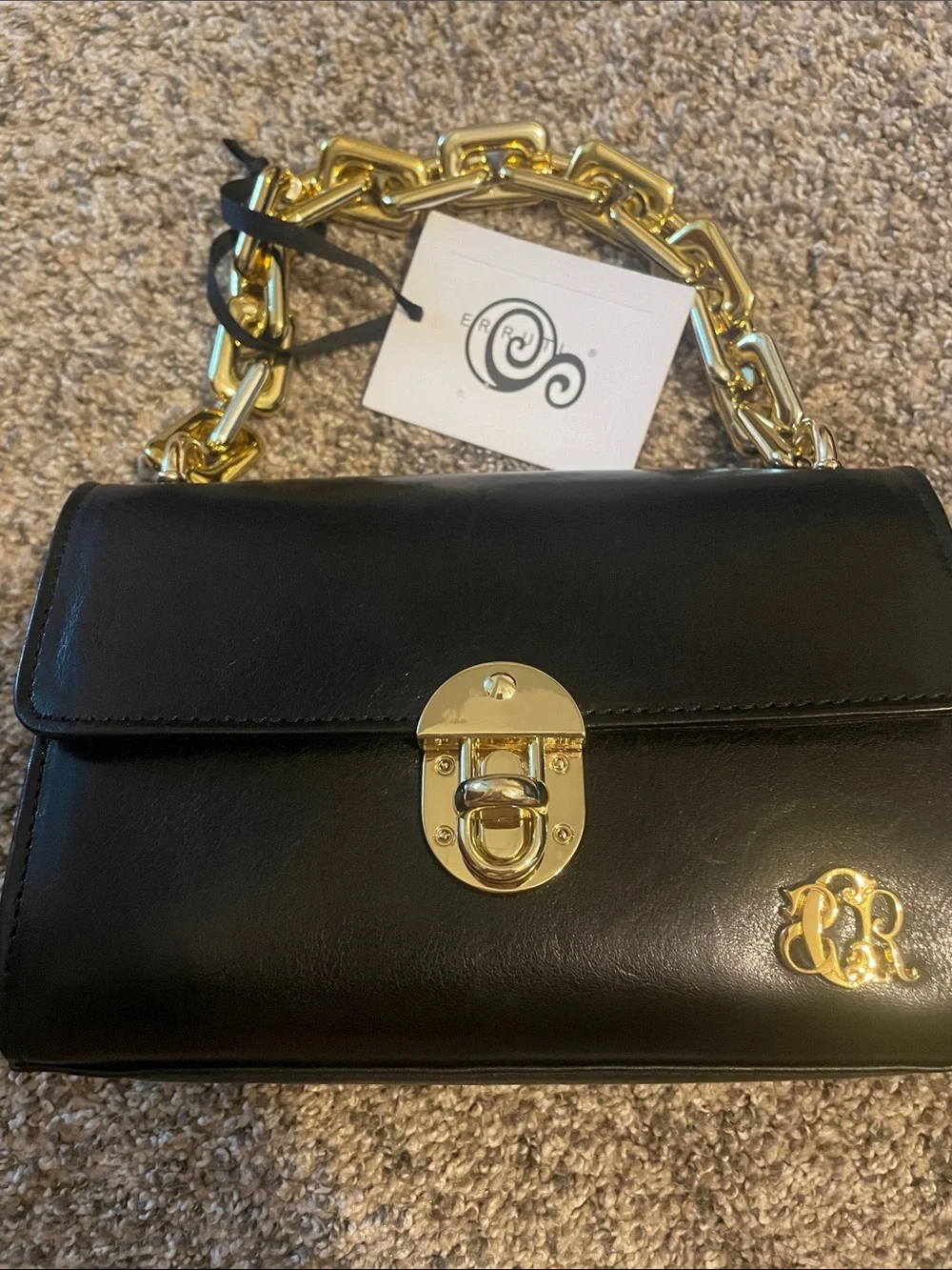 NWT Borsa San232 Black Leather Satchel with Gold Chain Handle and Hardware